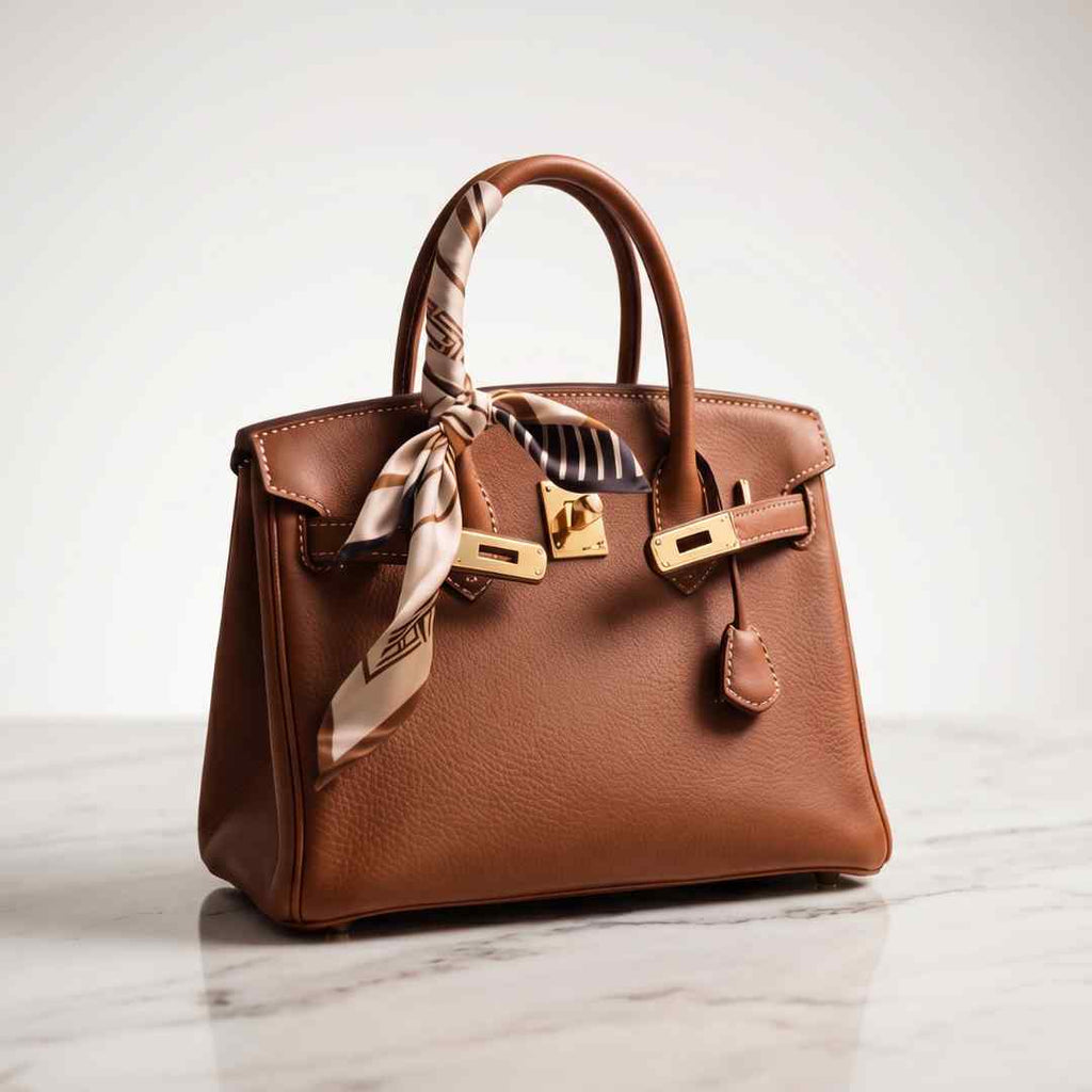 Classic Luxury Brown Top Handle Tote with Printed Silk Scarf by afatelier