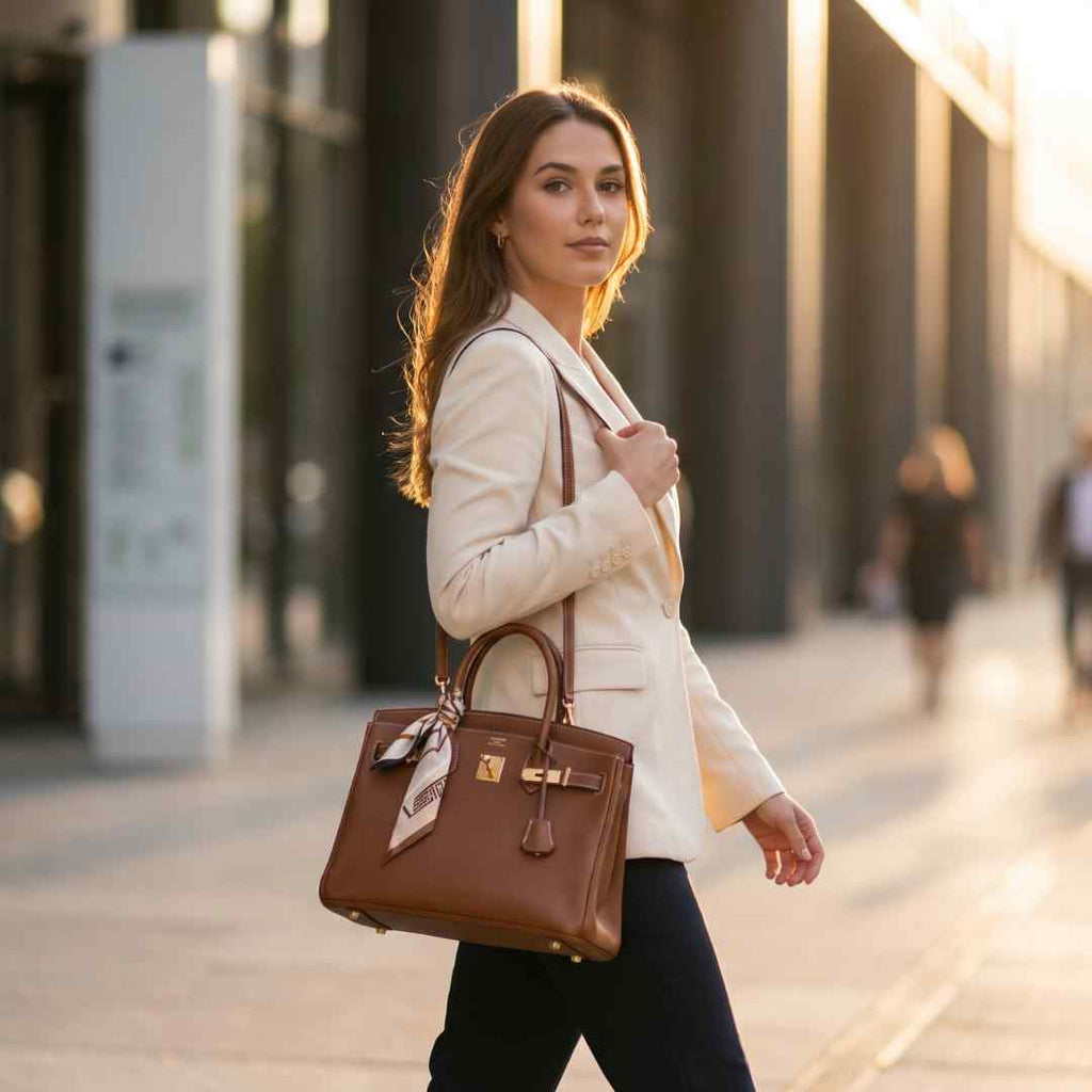 Classic Luxury Brown Top Handle Tote with Printed Silk Scarf