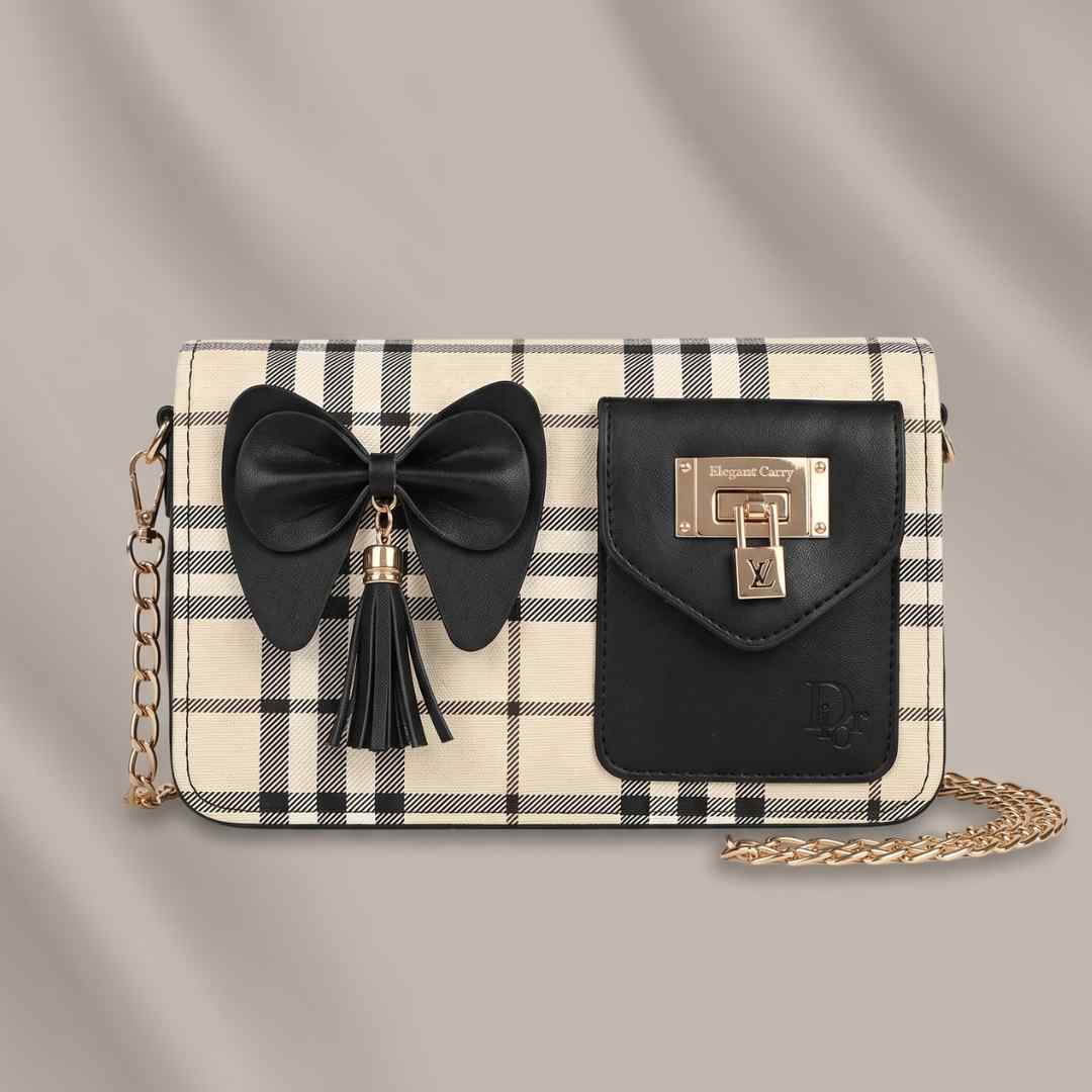 Modern Plaid Mini Bag – Features Gold Chain & Statement Tassel